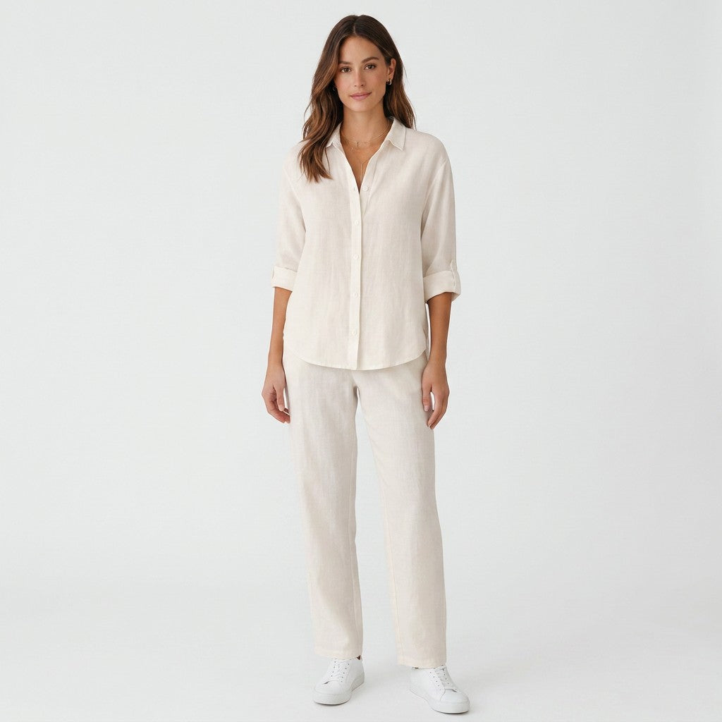 White linen-cotton blend button-up shirt with collar and three-quarter sleeves