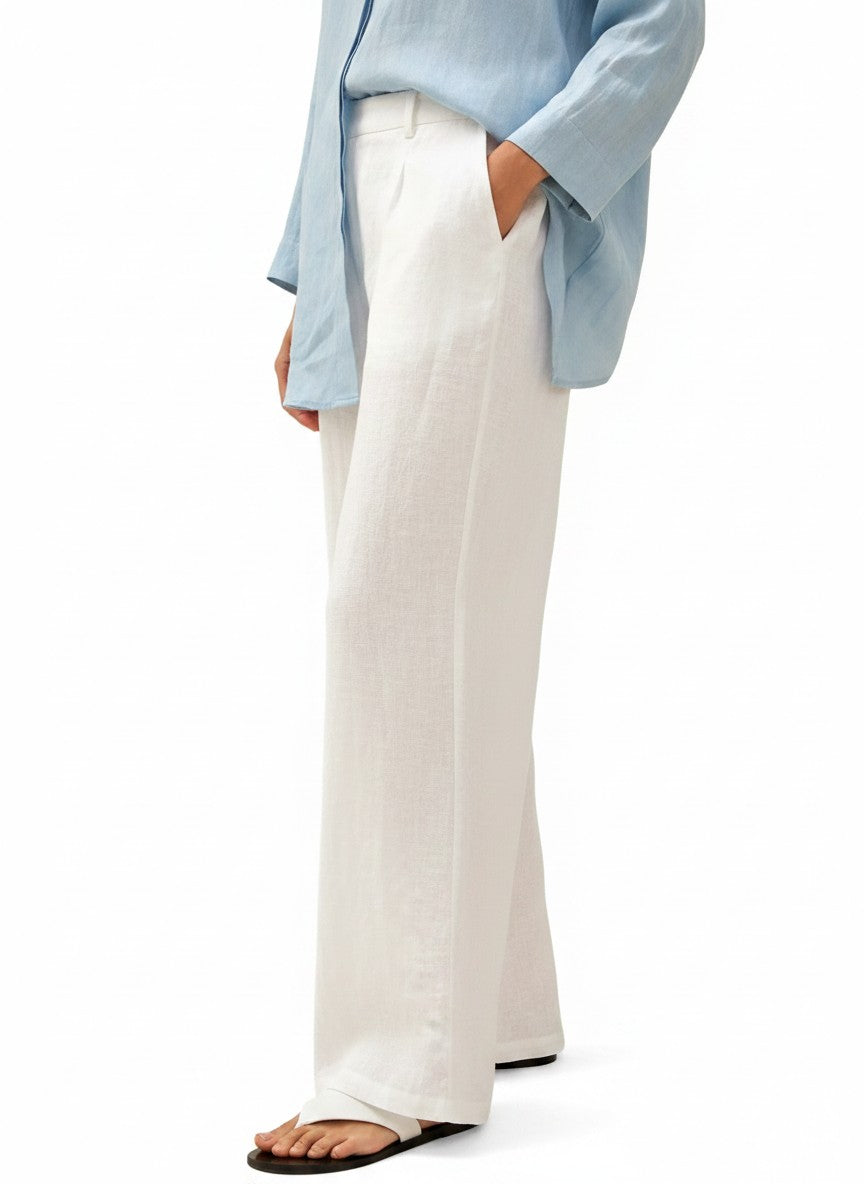 White wide-leg linen pants with elastic waist and long relaxed legs, ankle length.