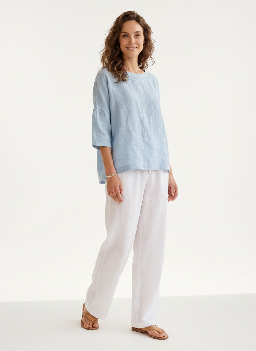 Women's Light Blue Linen Blouse | Elegant Bell Sleeve Relaxed Top 2