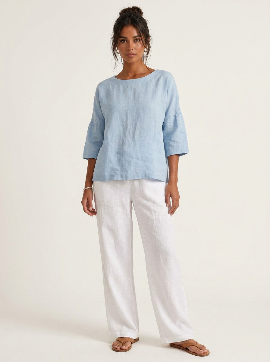 Women's Light Blue Linen Blouse | Elegant Bell Sleeve Relaxed Top 1