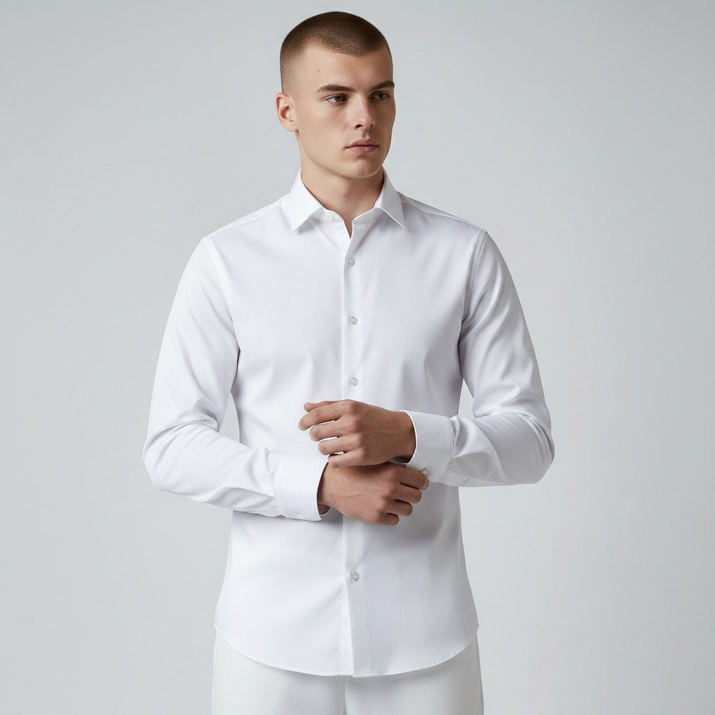 Men's slim-fit stretch dress shirt, white button-front long sleeves, pointed collar.