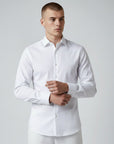 Men's slim-fit stretch dress shirt, white button-front long sleeves, pointed collar.