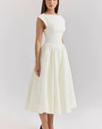 White cap-sleeve midi dress with fitted waist and A-line gathered skirt