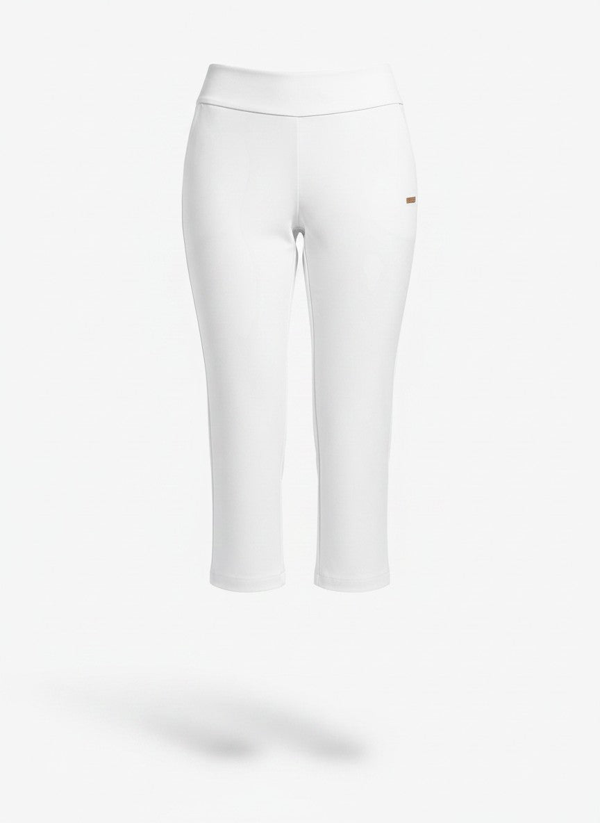 White capri pants with smooth mid-rise waistband and cropped straight legs