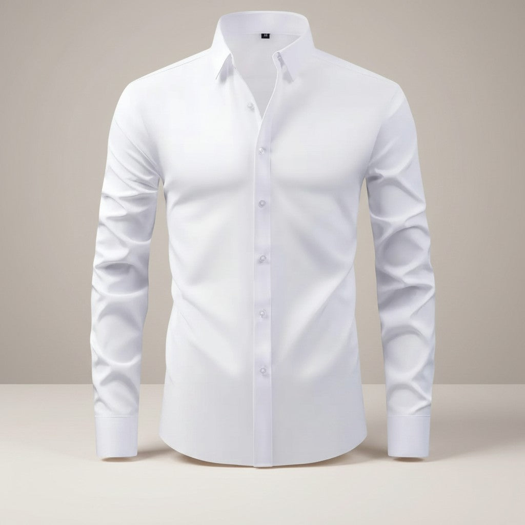 Men's slim-fit stretch dress shirt, white button-front, long sleeves, pointed collar.
