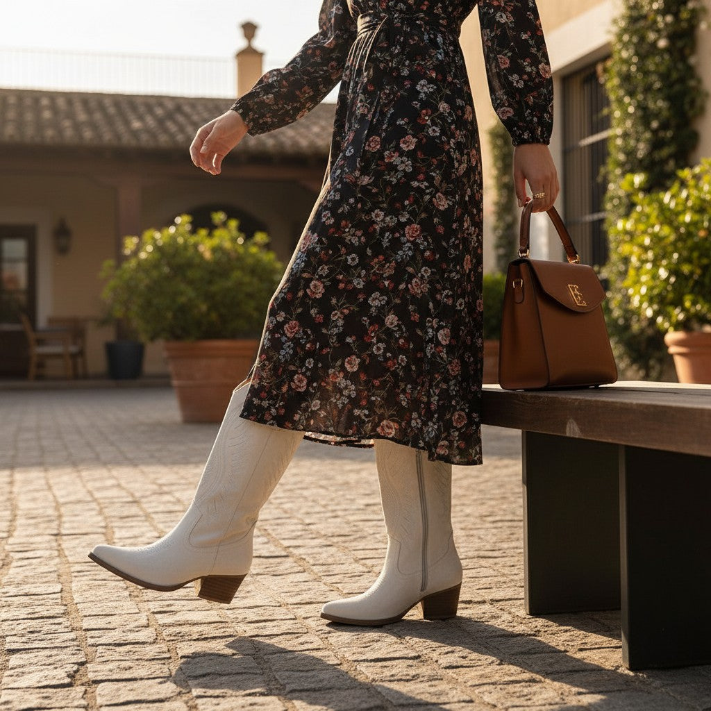 White suede cowboy boots with western embroidery and mid-height block heel
