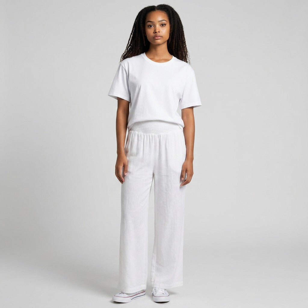 White smocked high-waist wide-leg pants with gathered elastic waistband