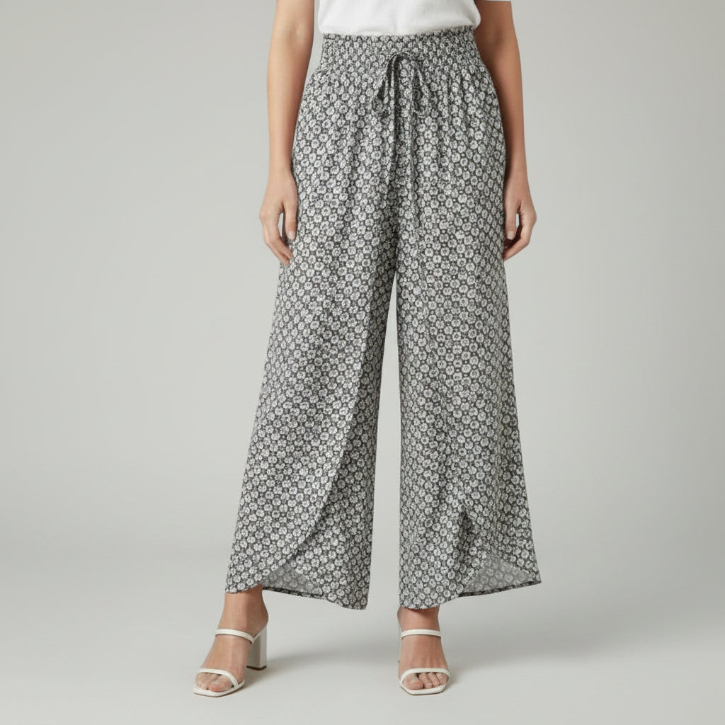 Grey printed wide-leg trousers with elasticated waist and drawstring
