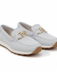Light gray slip-on loafers with gold bit accents and textured fabric upper.