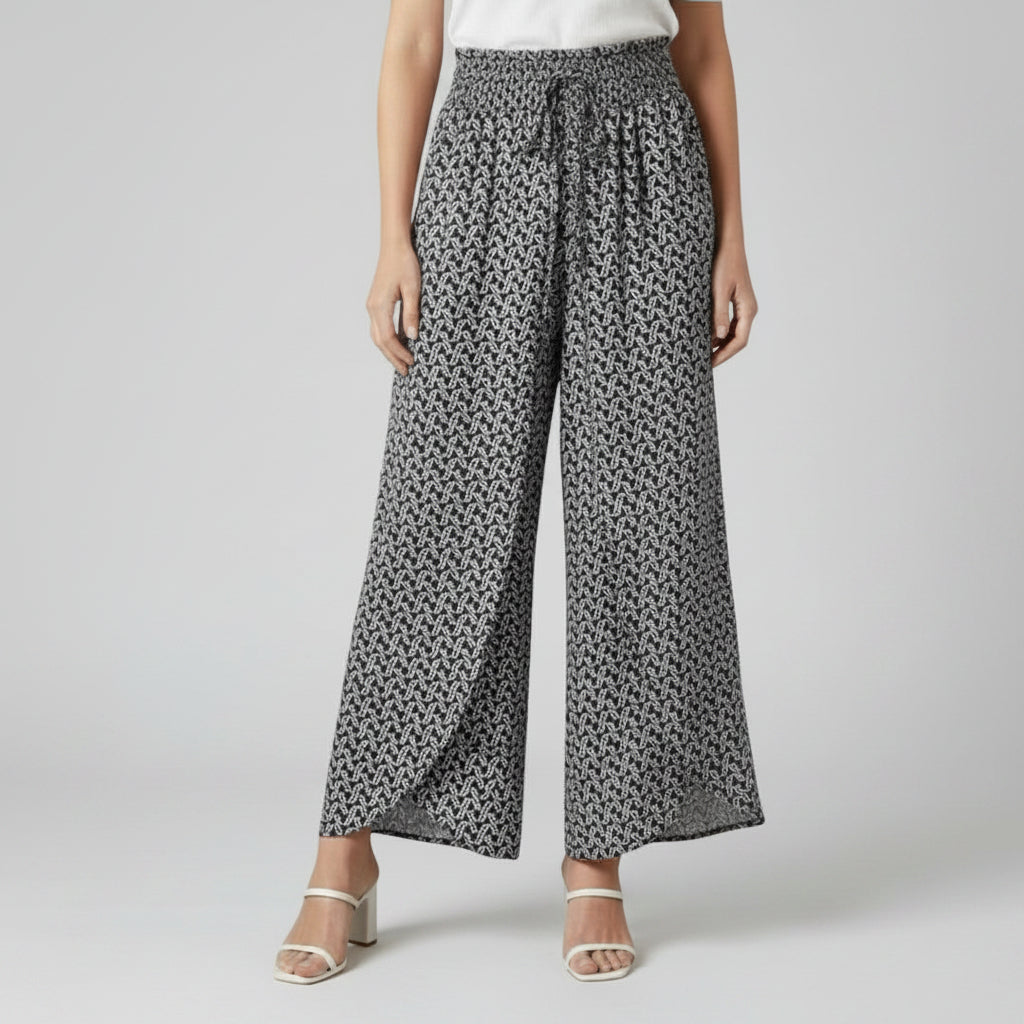 Dark grey printed wide-leg trousers with elasticated waistband and tie front