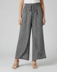 Dark grey printed wide-leg trousers with elasticated waistband and tie front