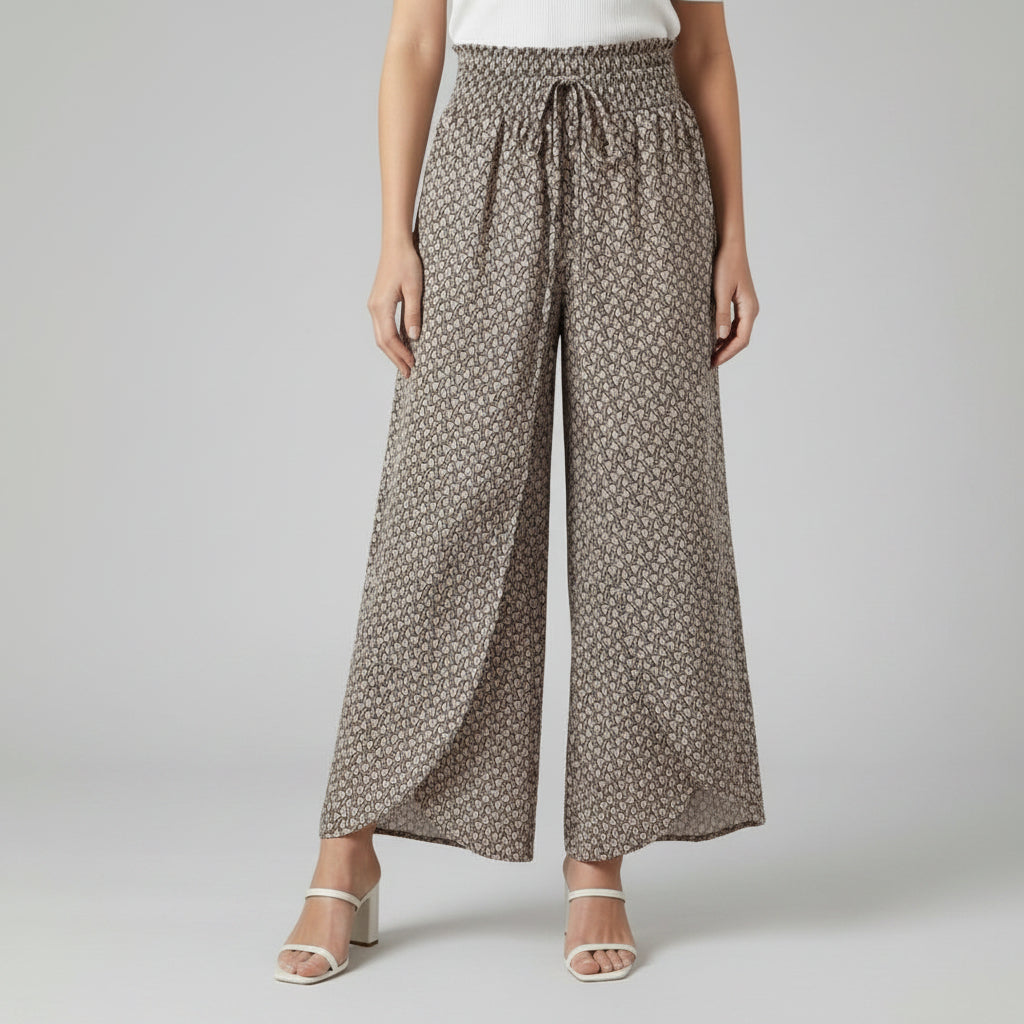 Brown-beige printed wide-leg trousers with elastic waist and drawstring
