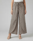Brown-beige printed wide-leg trousers with elastic waist and drawstring