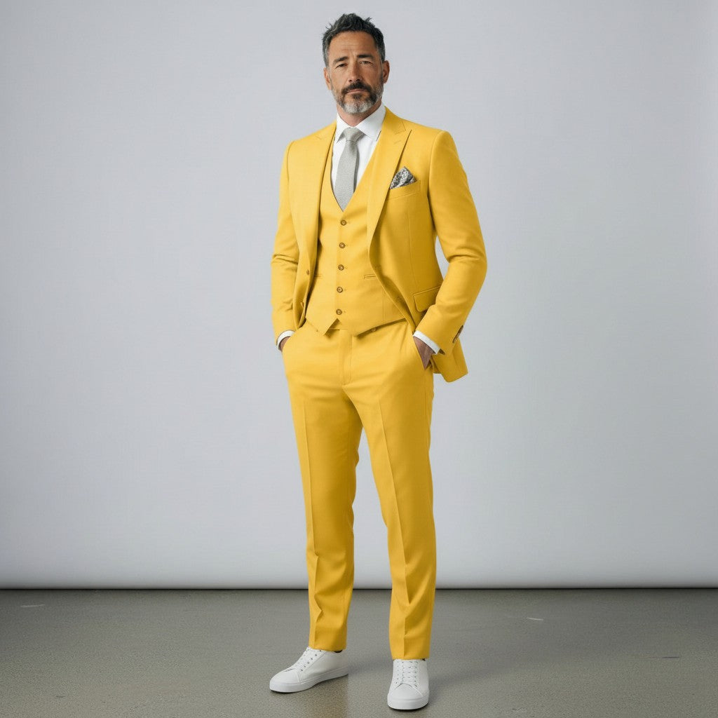 Yellow men’s three-piece suit set with tailored jacket, waistcoat, and matching trousers