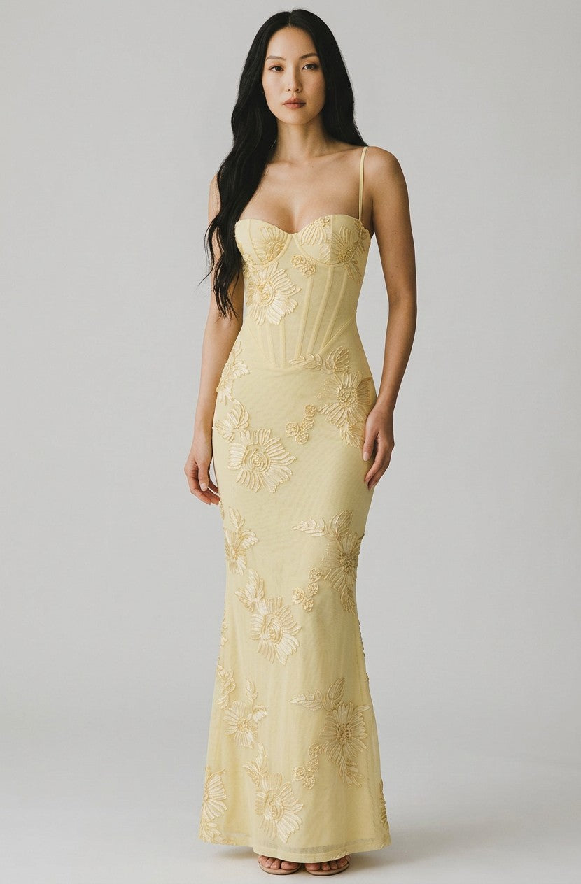 Floral corset gown with spaghetti straps and mermaid silhouette, gold embroidery