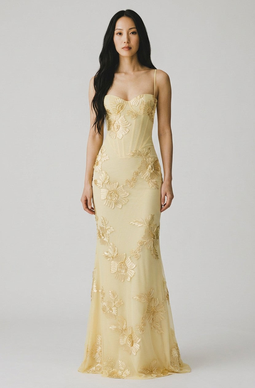 Floral embroidered corset gown with spaghetti straps, mermaid silhouette, gold tone