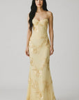Floral embroidered corset gown with spaghetti straps, mermaid silhouette, gold tone