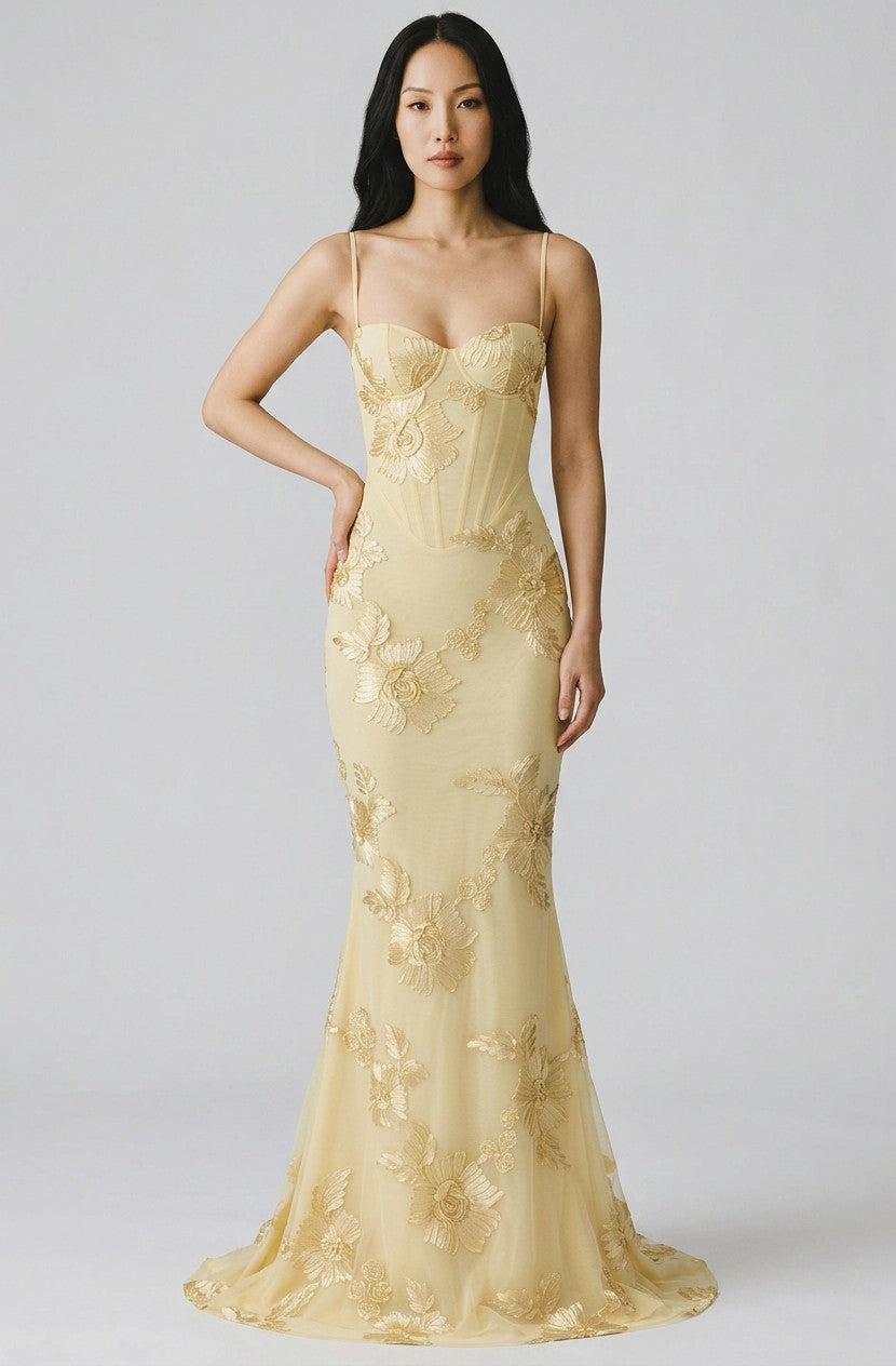Floral embroidered corset gown with spaghetti straps, mermaid hem, gold