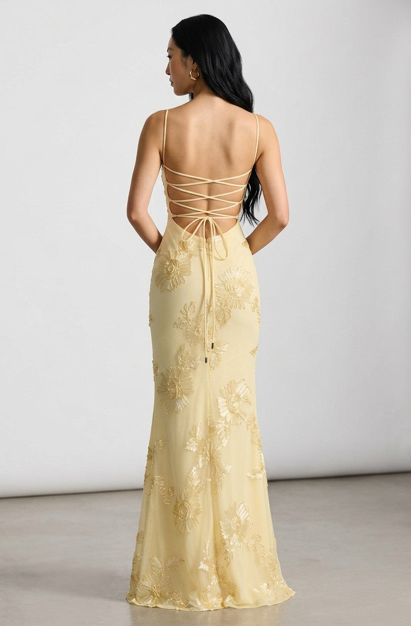 Backless floral embroidered corset gown with crisscross straps, mermaid hem, gold