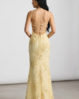 Backless floral embroidered corset gown with crisscross straps, mermaid hem, gold