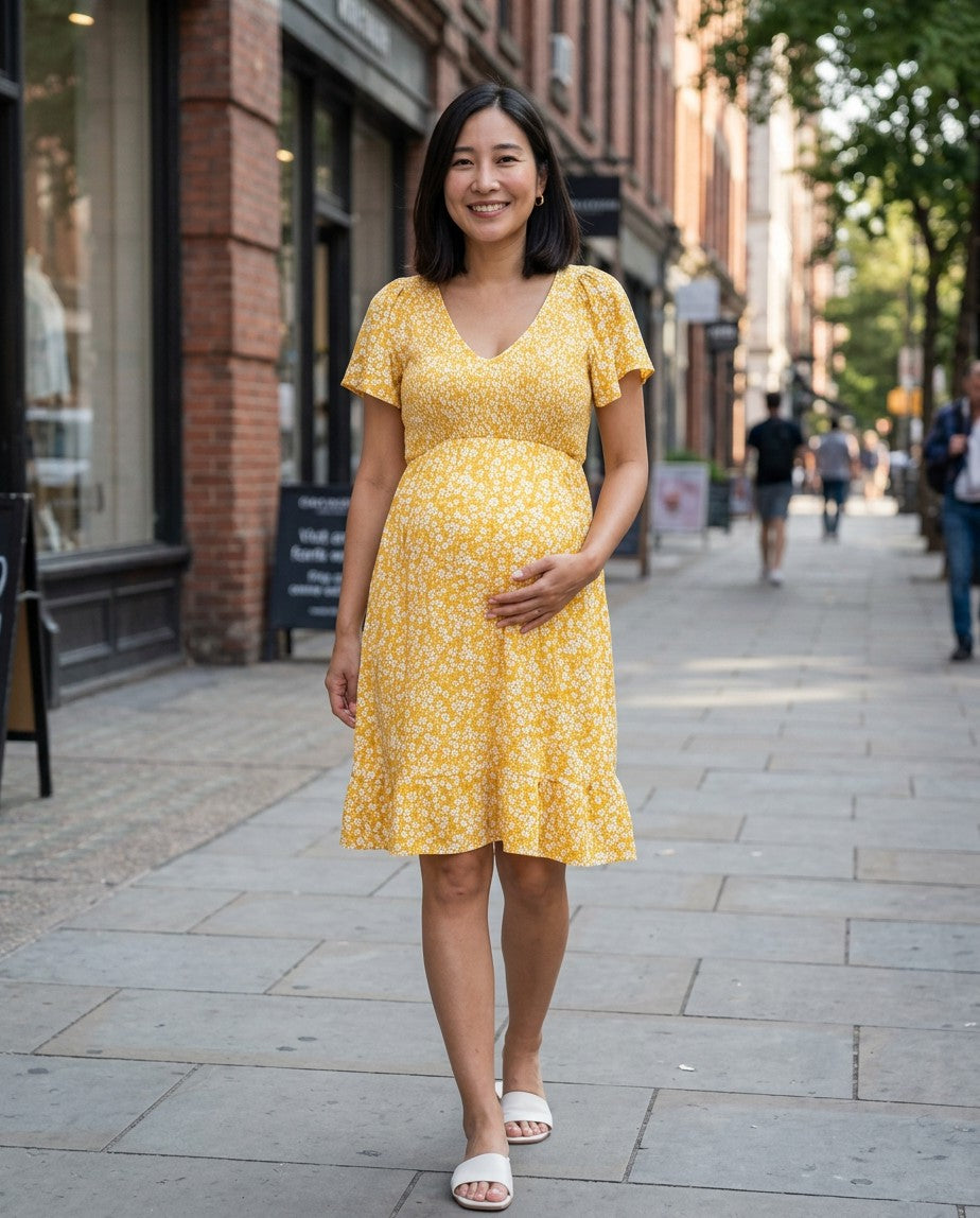 Yellow floral maternity dress with V-neck and flutter sleeves, front view