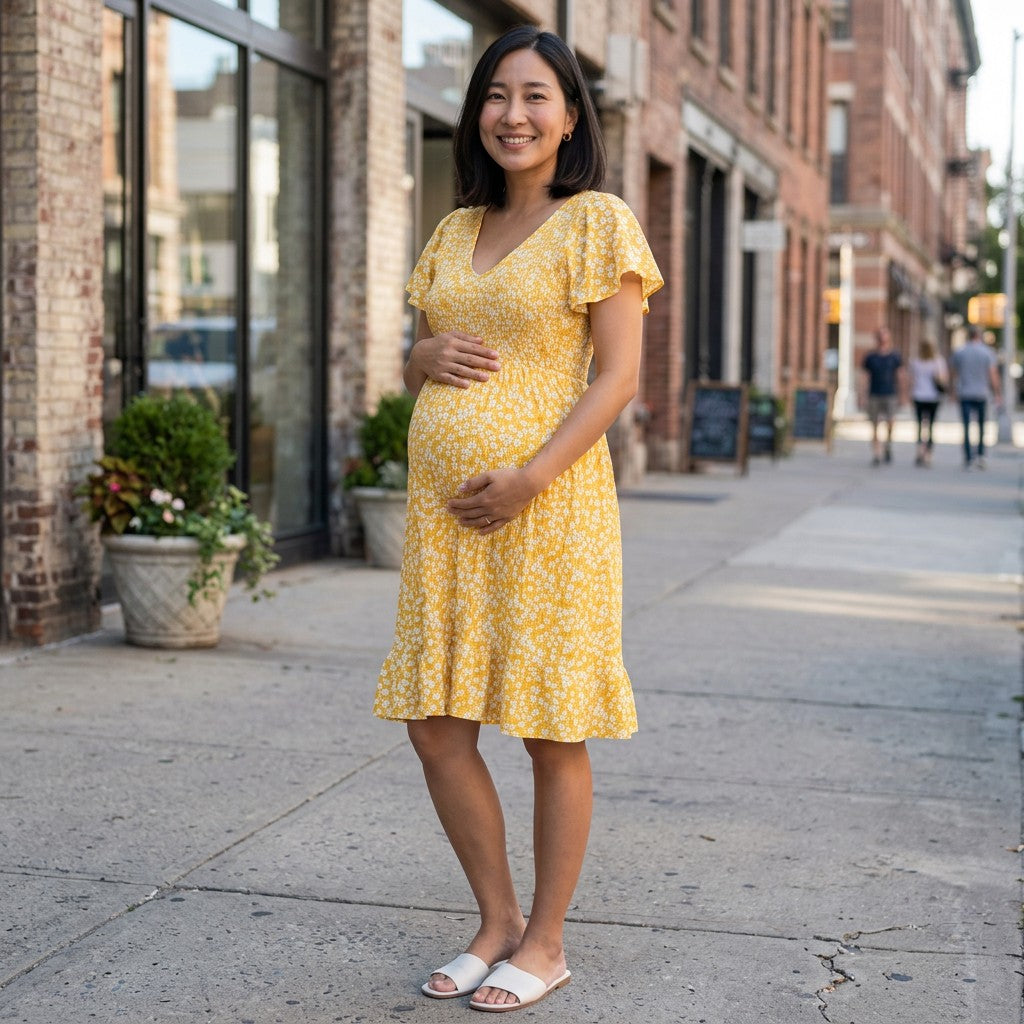 Yellow floral maternity dress with V-neck and flutter sleeves, knee-length