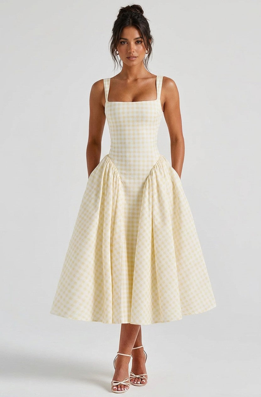 Women's Cotton Blend Gingham Midi Dress | Elegant Corset Bodice with Pockets 3