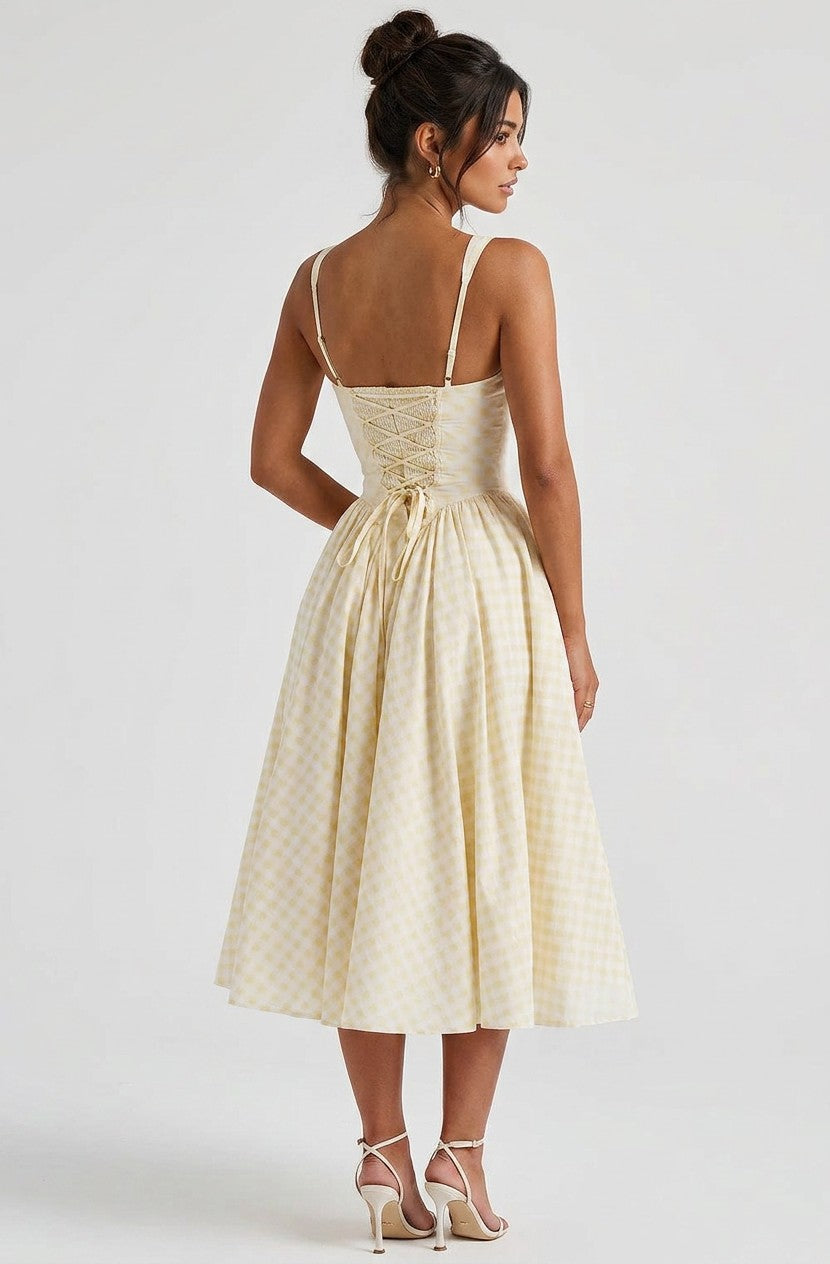 Women's Cotton Blend Gingham Midi Dress | Elegant Corset Bodice with Pockets 4