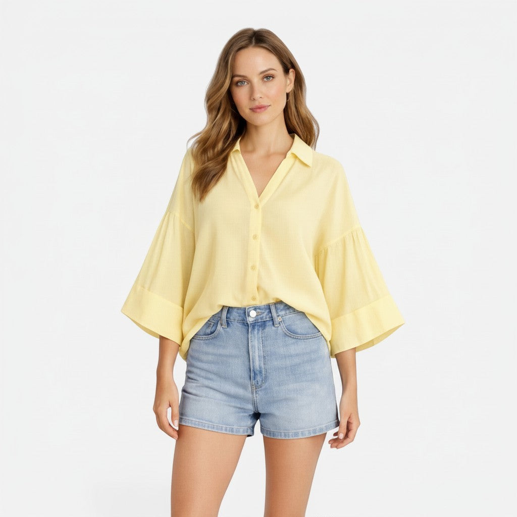 Lightweight cotton blouse, yellow, relaxed fit, V-neck button-front with wide short sleeves