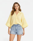 Lightweight cotton blouse, yellow, relaxed fit, V-neck button-front with wide short sleeves