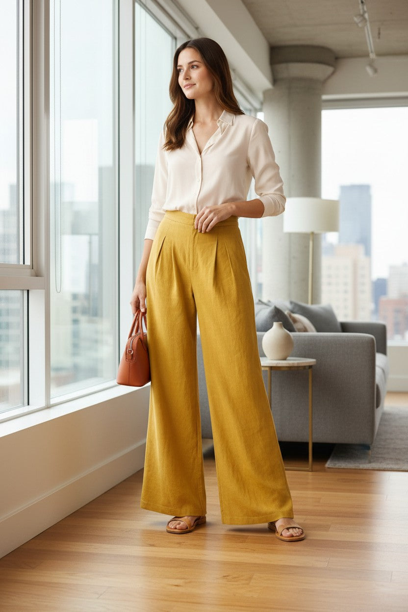 Golden yellow linen-blend wide-leg trousers, high-waist with elastic waistband and wide legs