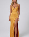 Yellow satin maxi dress with V-neck and high leg slit