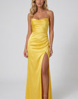 Yellow satin maxi dress with fitted bodice and high leg slit