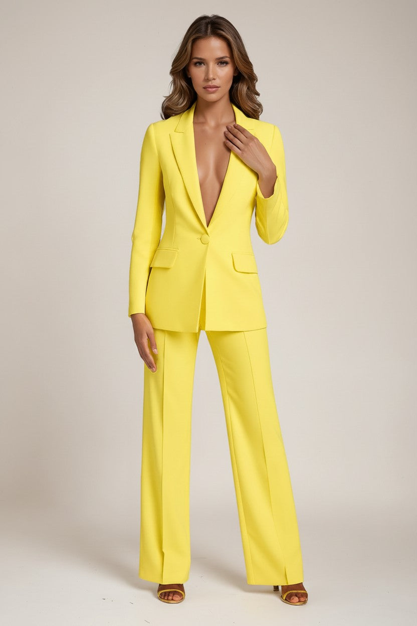 Yellow tailored suit with V-neck blazer and wide-leg trousers, long sleeves
