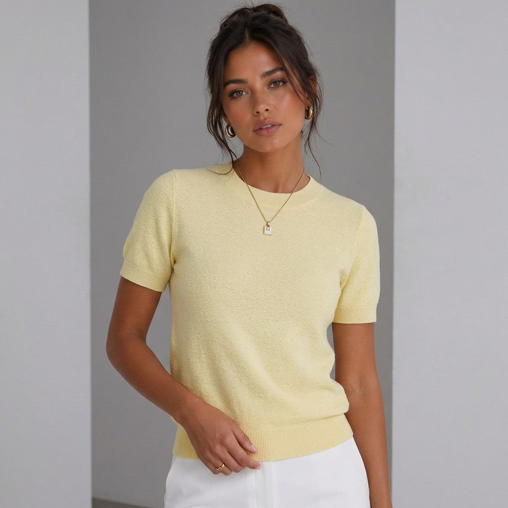 Women’s wool-blend knit sweater, pale yellow short-sleeve crewneck