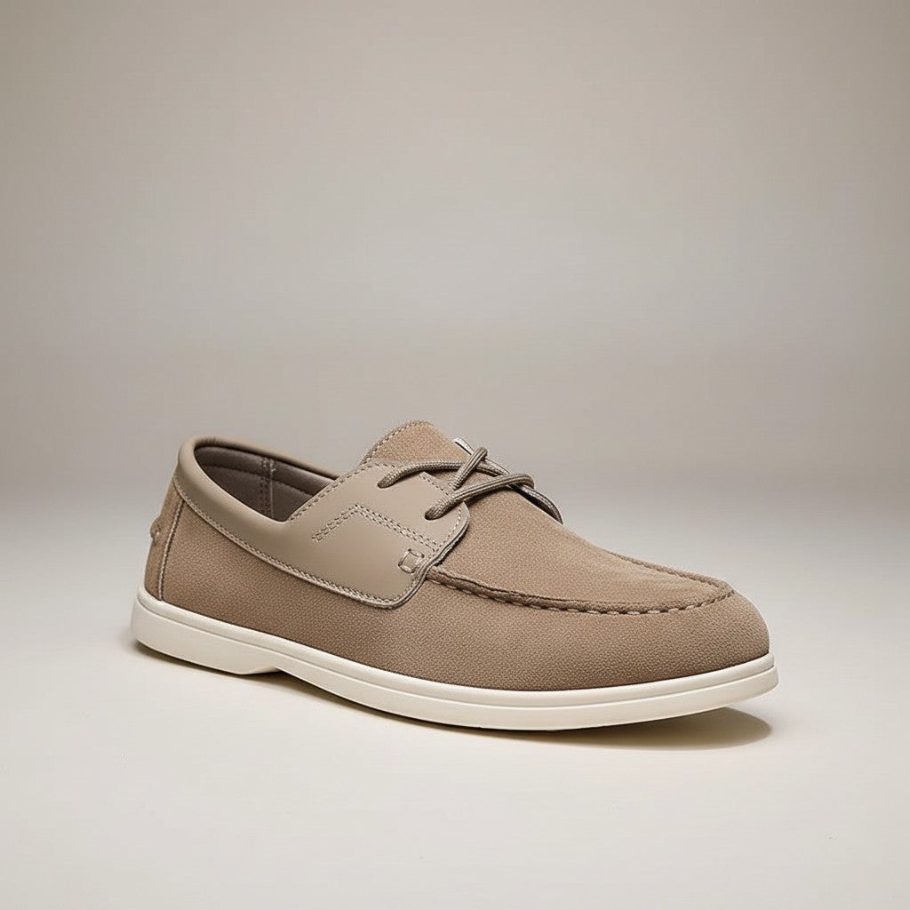 Men's beige suede driving loafers with lace-up vamp and white flat sole