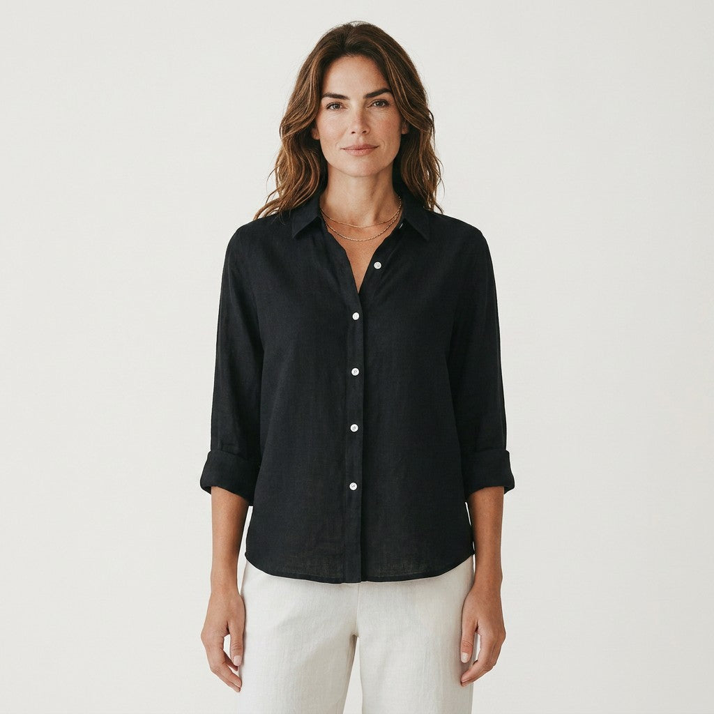 Black linen-cotton blend button-up shirt with four-button front and collar