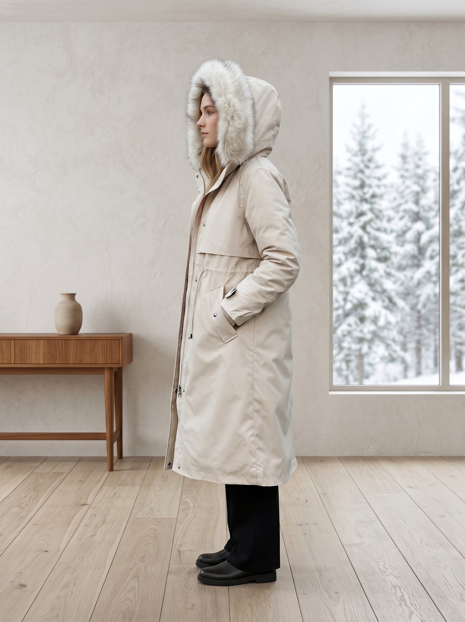 Light beige waterproof hooded parka with faux fur trim and drawstring waist