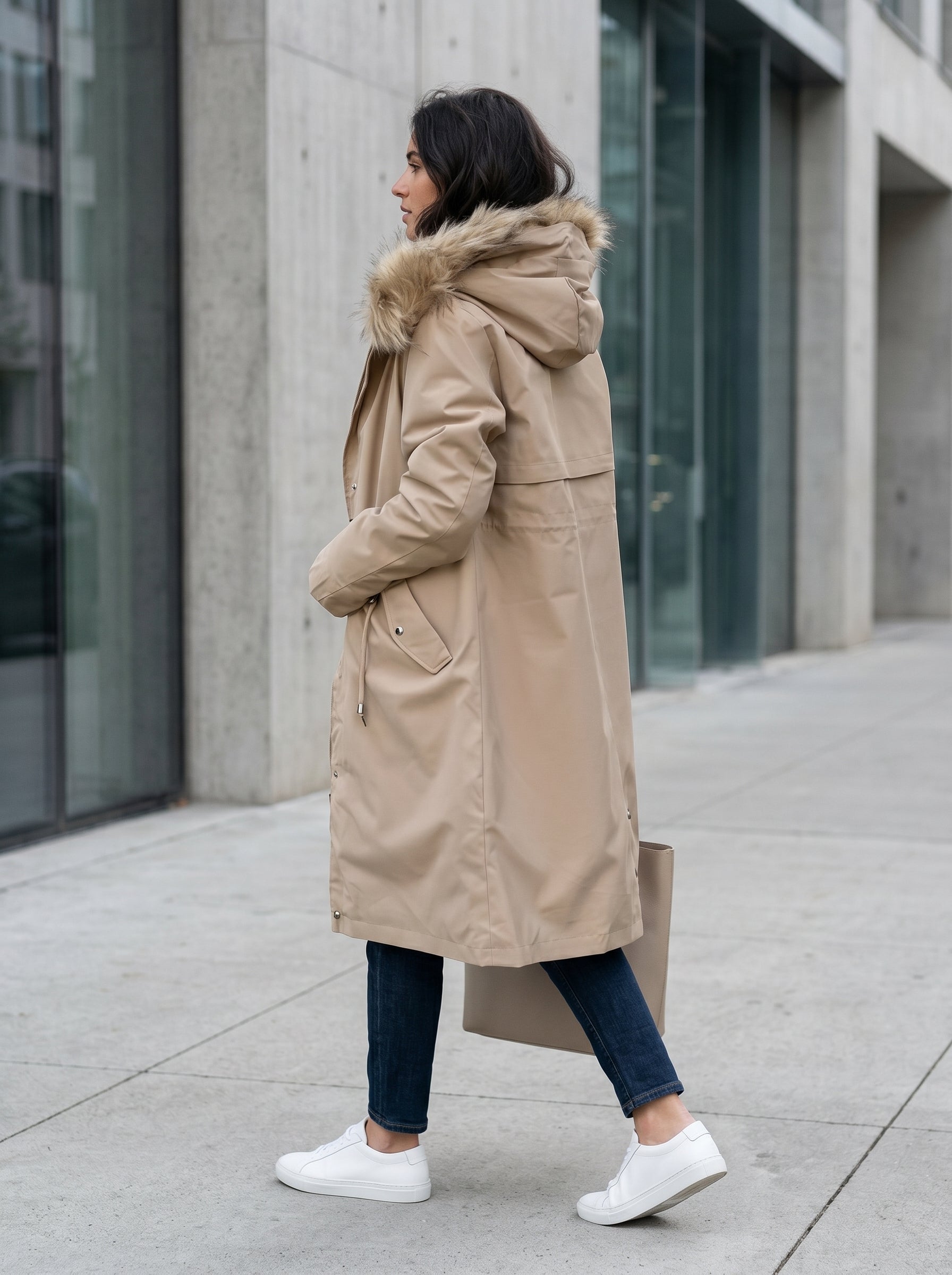Tan waterproof hooded parka with faux fur trim, button front, long sleeves
