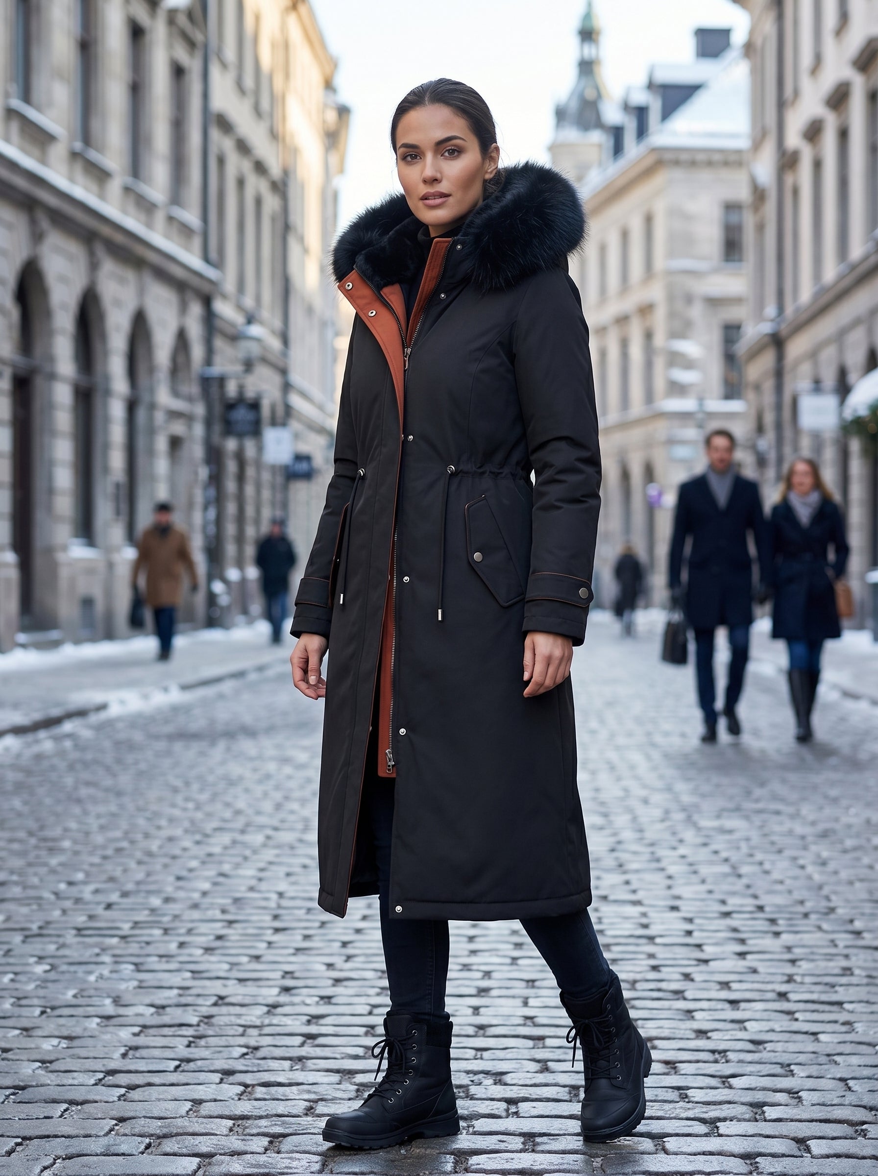 Black waterproof hooded parka with faux fur trim, button front, side pockets