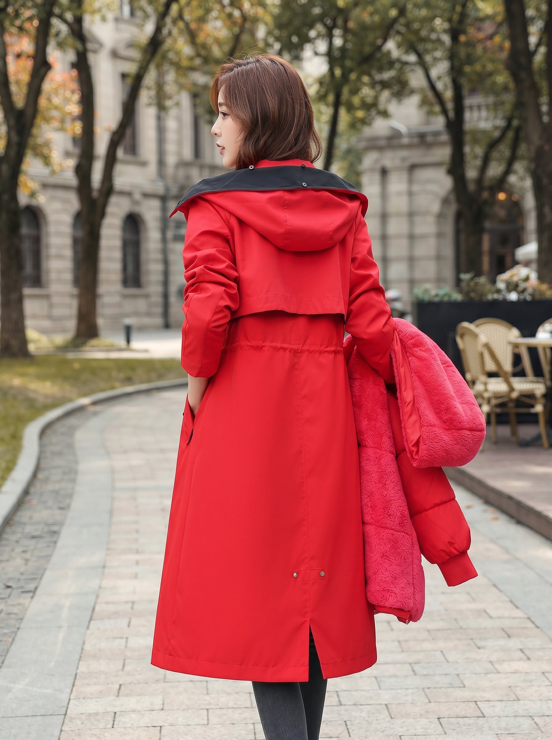 Red waterproof hooded parka with faux fur trim, button front, drawstring waist