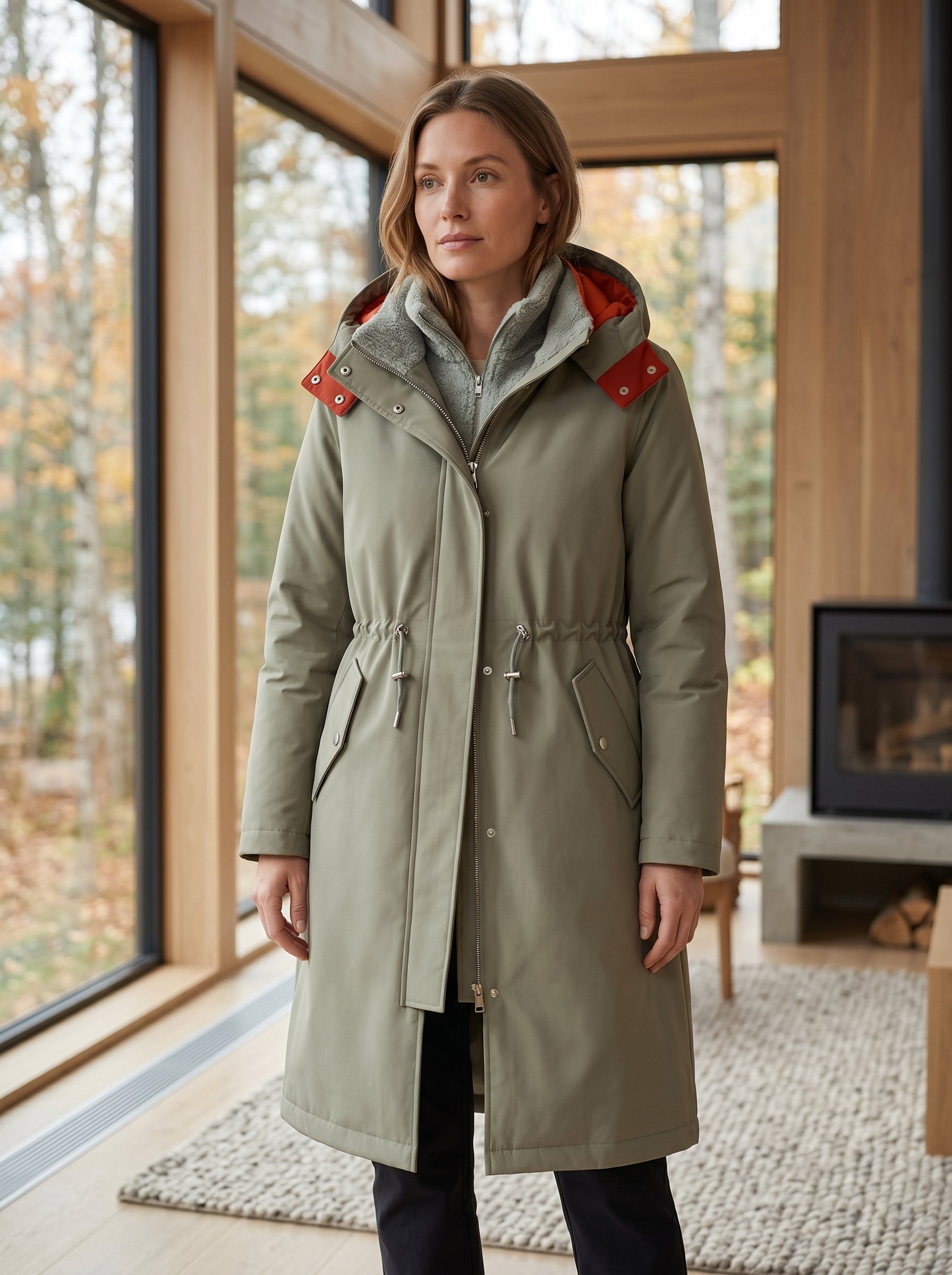 Olive waterproof hooded parka with faux fur trim and drawstring waist